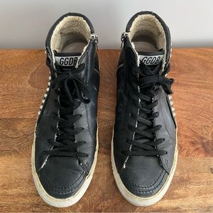 Golden Goose Sz39 Slide Mid-Top Black Leather Sneakers